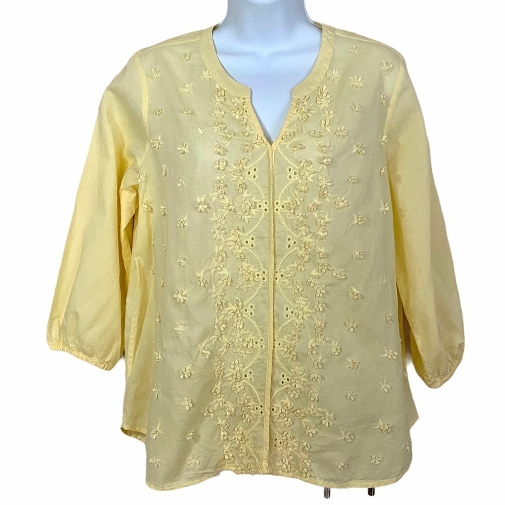Yellow Floral Embroidered Cotton Top Blouse PL Tunic Lightweight Summer